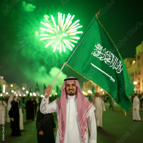 Saudi man holding Saudi Arabia flag on front of buildings, celebration saudi national day or flag day, foundation day.