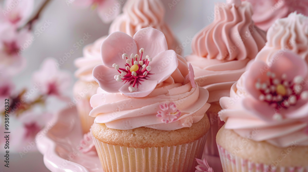 Cupcakes with cherry buttercream frosting and pink fondant cherry blossoms, showcasing delicate details Cupcakes with cherry buttercream frosting and pink fondant cherry blossoms, showcasing delicate details