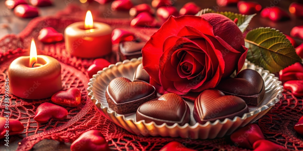 Soft candlelight illuminates heart-shaped candies arranged on plush crimson velvet, rose petals scatter around delicate lace edging, exuding sweet indulgence and tender affection.