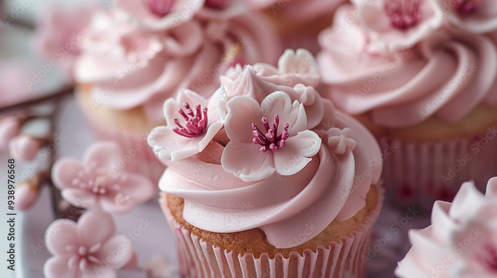 Cupcakes with cherry buttercream frosting and pink fondant cherry blossoms, showcasing delicate details Cupcakes with cherry buttercream frosting and pink fondant cherry blossoms, showcasing delicate details