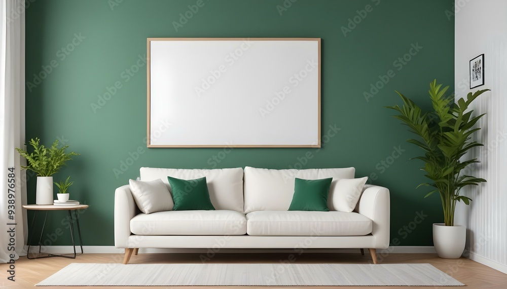 Interior mockup In a white room a blue sofa is placed next to a photo frame on the wall Interior mockup In a white room a blue sofa is placed next to a photo frame on the wall