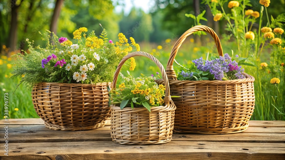 Three woven baskets in graduated sizes, small, medium, and large, arranged on a rustic wooden table, filled with fresh greenery and blooming wildflowers. Three woven baskets in graduated sizes, small, medium, and large, arranged on a rustic wooden table, filled with fresh greenery and blooming wildflowers.