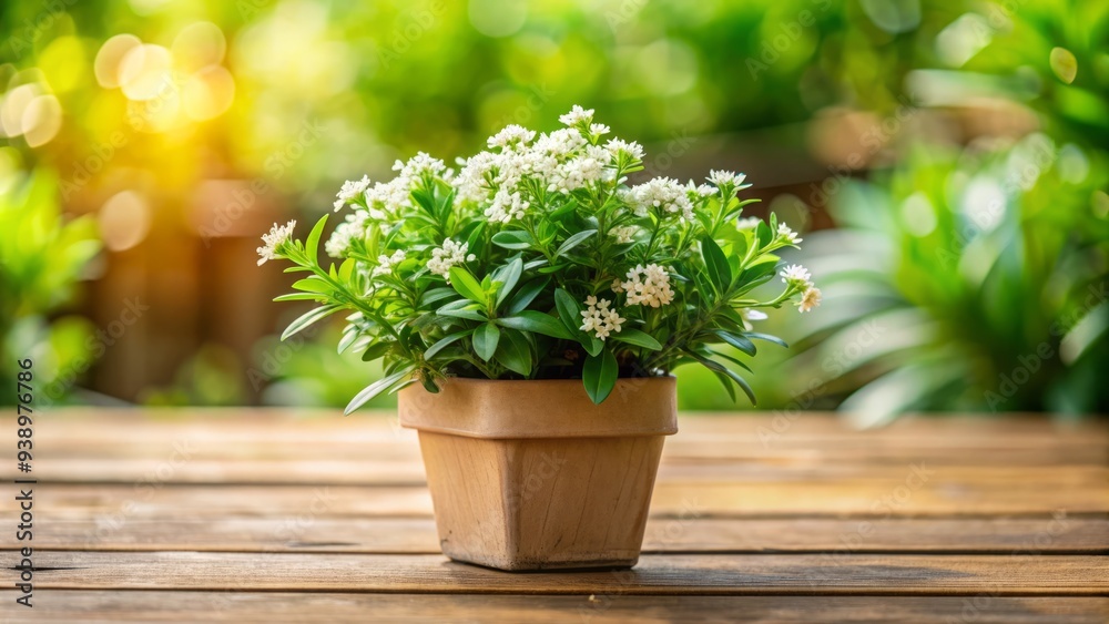 Thriving green oxygen plant with delicate white flowers and luscious leaves sprouting from a small planter, situated on a wooden table against a blurred background. Thriving green oxygen plant with delicate white flowers and luscious leaves sprouting from a small planter, situated on a wooden table against a blurred background.