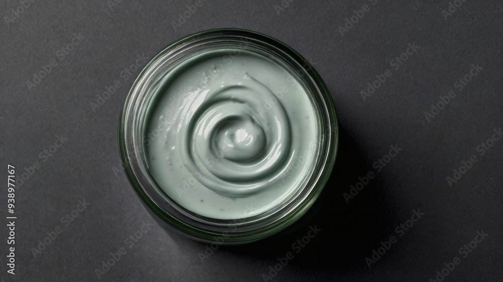 Glass jar with light green cream inside, top view on dark gray background Glass jar with light green cream inside, top view on dark gray background