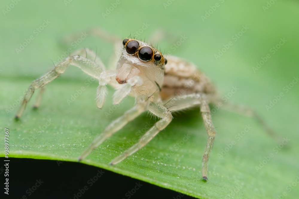Jumping spider on grass while looking up Jumping spider on grass while looking up