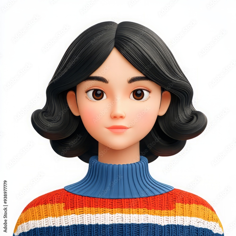 3D rendering of a cartoon woman with black hair in a colorful sweater, isolated on white background. 3D rendering of a cartoon woman with black hair in a colorful sweater, isolated on white background.