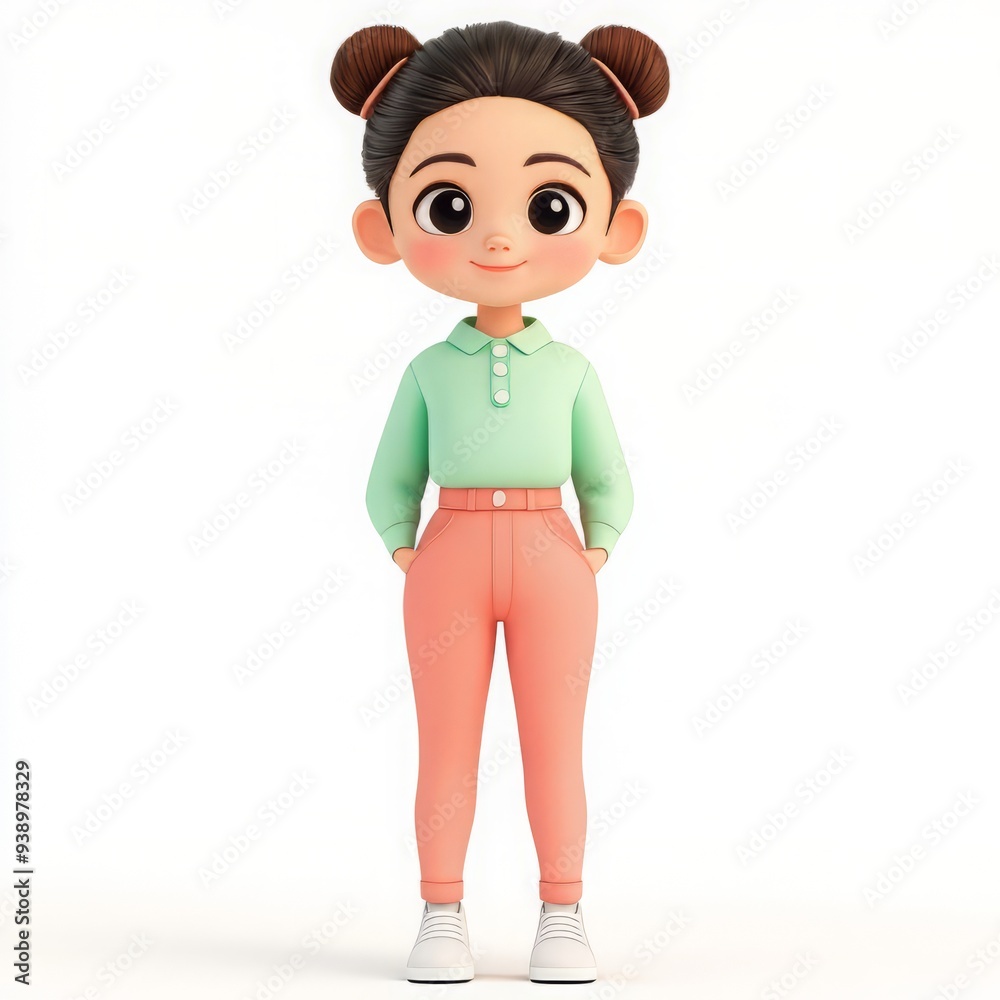 Adorable 3D illustration of a cute little girl in pastel clothing standing with hands in pockets, looking forward. Adorable 3D illustration of a cute little girl in pastel clothing standing with hands in pockets, looking forward.
