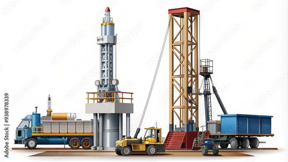 Vector Illustration Of A Drilling Rig With A Tall Derrick, Drill Bit, And Machinery, Isolated On A White Background. Vector Illustration Of A Drilling Rig With A Tall Derrick, Drill Bit, And Machinery, Isolated On A White Background.