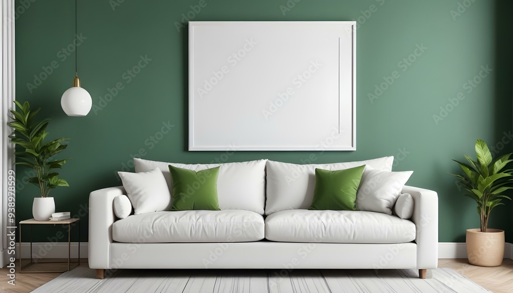 Interior mockup In a white room a blue sofa is placed next to a photo frame on the wall Interior mockup In a white room a blue sofa is placed next to a photo frame on the wall