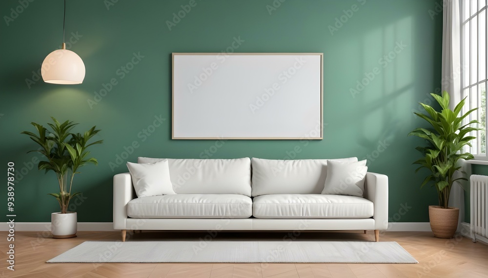 Interior mockup In a white room a blue sofa is placed next to a photo frame on the wall Interior mockup In a white room a blue sofa is placed next to a photo frame on the wall
