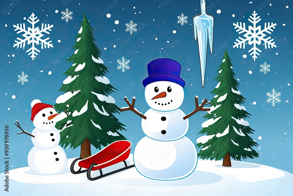 Charming Winter Wonderland Cartoon Scene Featuring Snowman Icicles Pine Trees Snowflakes and Sleds Charming Winter Wonderland Cartoon Scene Featuring Snowman Icicles Pine Trees Snowflakes and Sleds