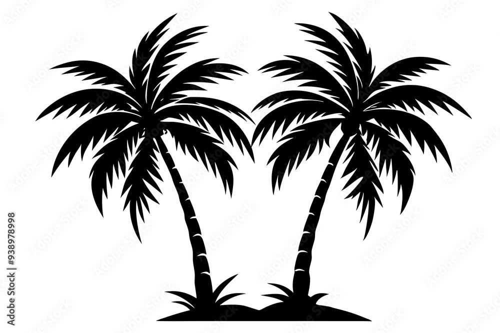 Fototapeta premium Set of palm trees silhouette art black and white vector illustration on white background generated by AI