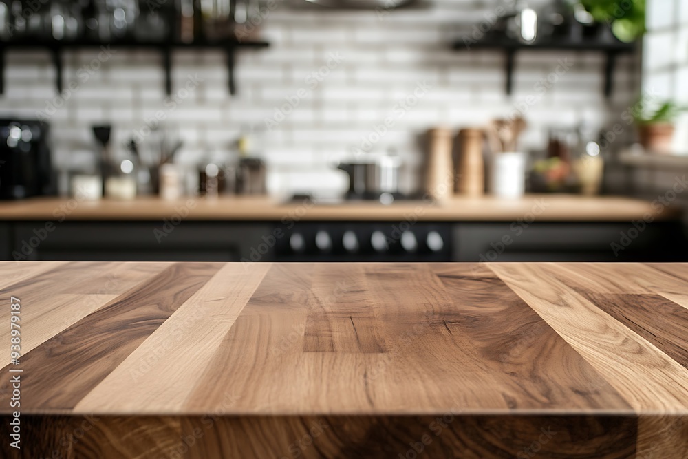 Brown Wooden Kitchen Countertop with Grain Texture Background