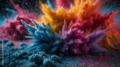 Explosion of multi-colored dry paints on a black background