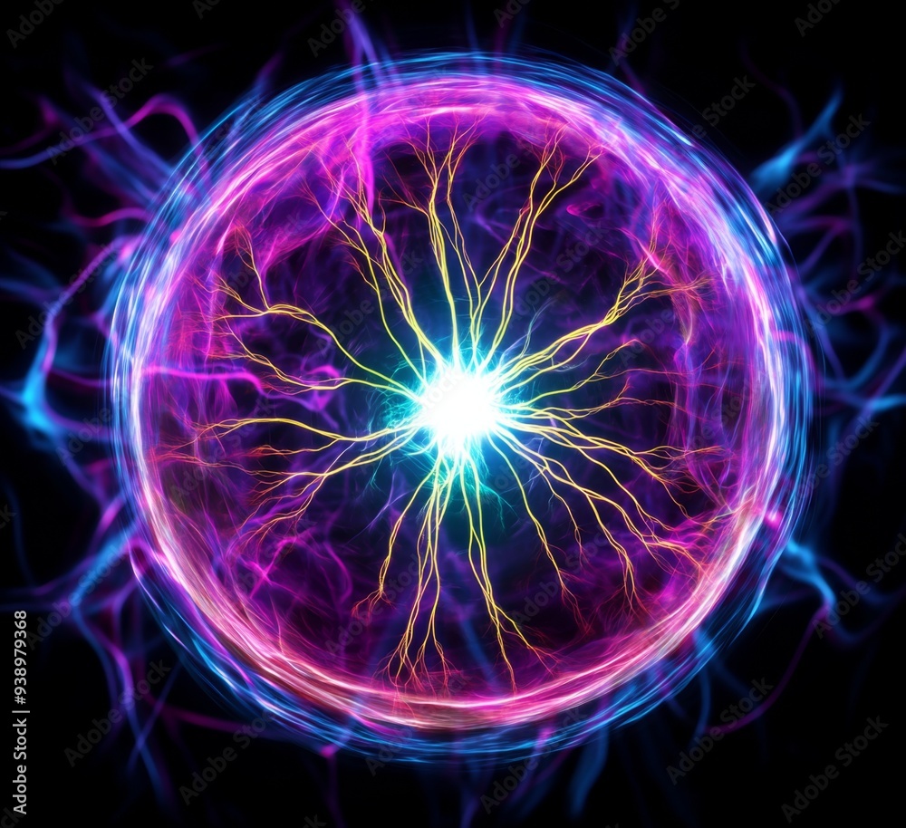 A glowing plasma ball with colorful electric filaments, representing scientific phenomena and energy A glowing plasma ball with colorful electric filaments, representing scientific phenomena and energy