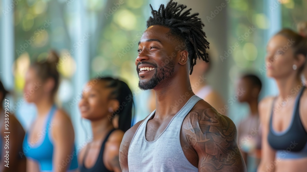A cheerful fitness instructor motivates a group of engaged participants in a bright and welcoming workout space A cheerful fitness instructor motivates a group of engaged participants in a bright and welcoming workout space