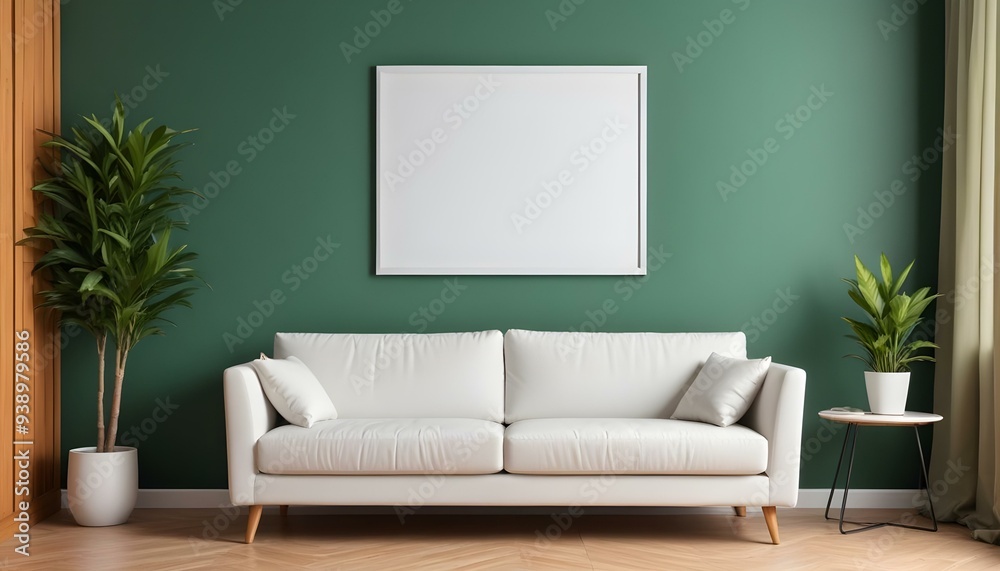 Interior mockup In a white room a blue sofa is placed next to a photo frame on the wall Interior mockup In a white room a blue sofa is placed next to a photo frame on the wall