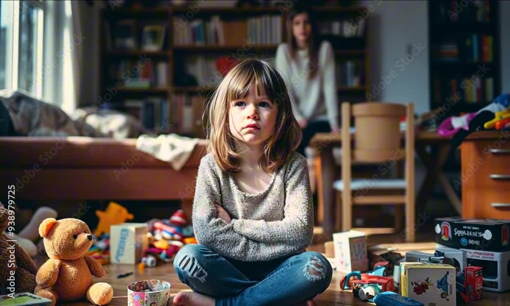 Contemplative young girl sitting among toys in cozy living room Contemplative young girl sitting among toys in cozy living room