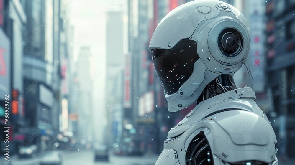 A sleek humanoid robot gazes thoughtfully in an urban setting filled with modern buildings and digital displays A sleek humanoid robot gazes thoughtfully in an urban setting filled with modern buildings and digital displays