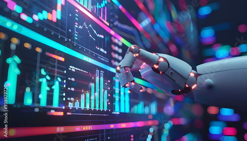 An illustration of an artificially intelligent robot hand examining a financial chart.