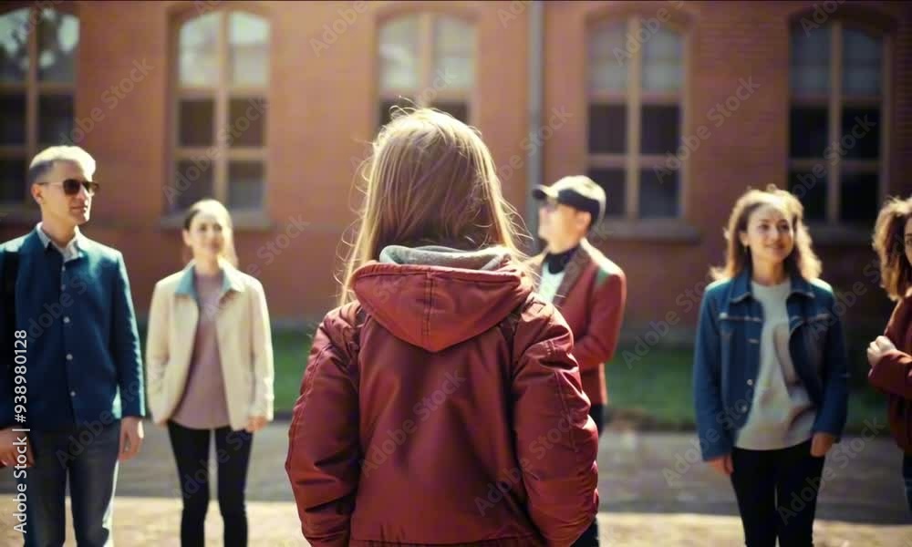 Lonely girl standing apart from diverse group of students in school courtyard Lonely girl standing apart from diverse group of students in school courtyard