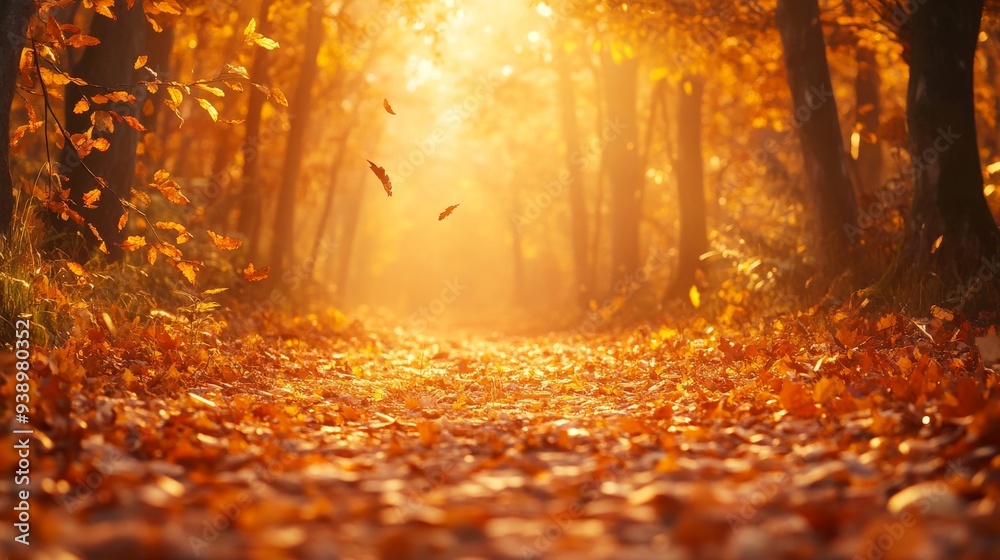 Enchanting Autumn Forest Pathway with Fallen Leaves and Warm Glow for Advertising Campaigns Enchanting Autumn Forest Pathway with Fallen Leaves and Warm Glow for Advertising Campaigns