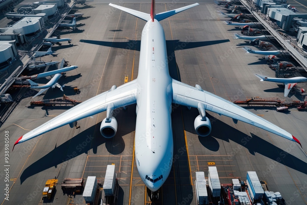 Fototapeta premium Aerial Perspective of Large Cargo Aircraft at Busy Airport Highlighting Global Trade and Commerce