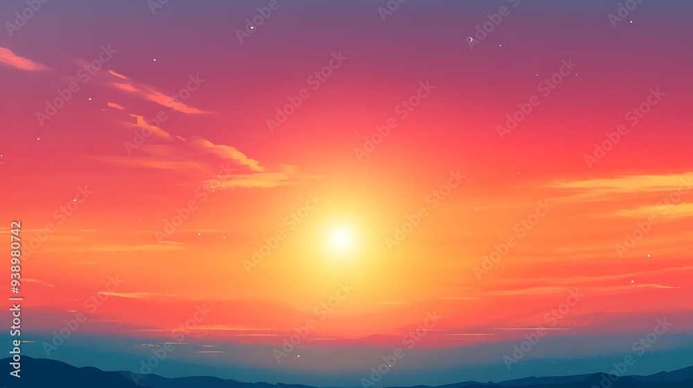 Fototapeta premium A vibrant, glowing sunset background with a large, clear sky for text