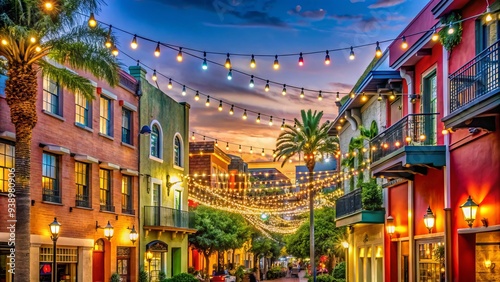 Vibrant colorful buildings and twinkling string lights line the charming streets of San Diego's Little Italy, capturing the essence of a lively and festive neighborhood scene.
