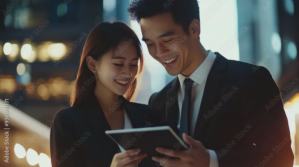 Business colleagues sharing a laugh over a tablet. Male executive and young female employee. Business colleagues sharing a laugh over a tablet. Male executive and young female employee.