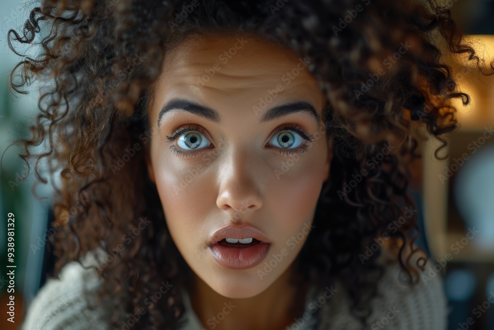  woman, dark curly hair  working on computer in modern office . confident, shocked
