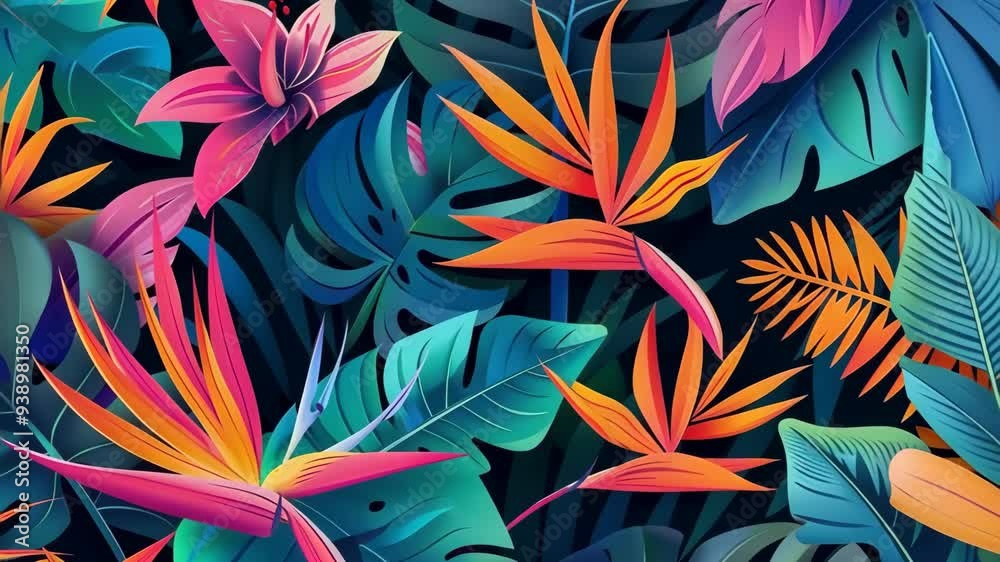 Abstract tropical pattern with exotic flowers and leaves vibrant colors.