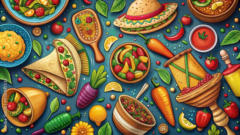 Fototapeta premium Vibrant colorful outline illustration of traditional Mexican dishes, including tacos, burritos, and quesadillas, surrounded by sombreros, maracas, and festive piñatas.