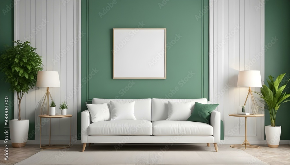 Interior mockup In a white room a blue sofa is placed next to a photo frame on the wall