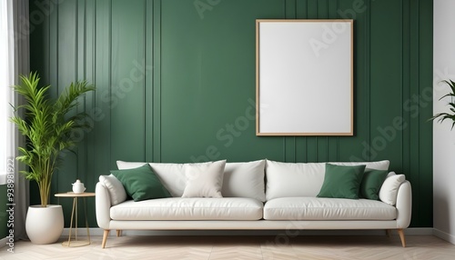 Interior mockup In a white room a blue sofa is placed next to a photo frame on the wall