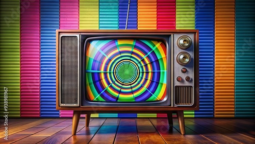 Vibrant colors and geometric patterns dance across the screen of an old television set, showcasing a nostalgic test pattern from a bygone era. photo