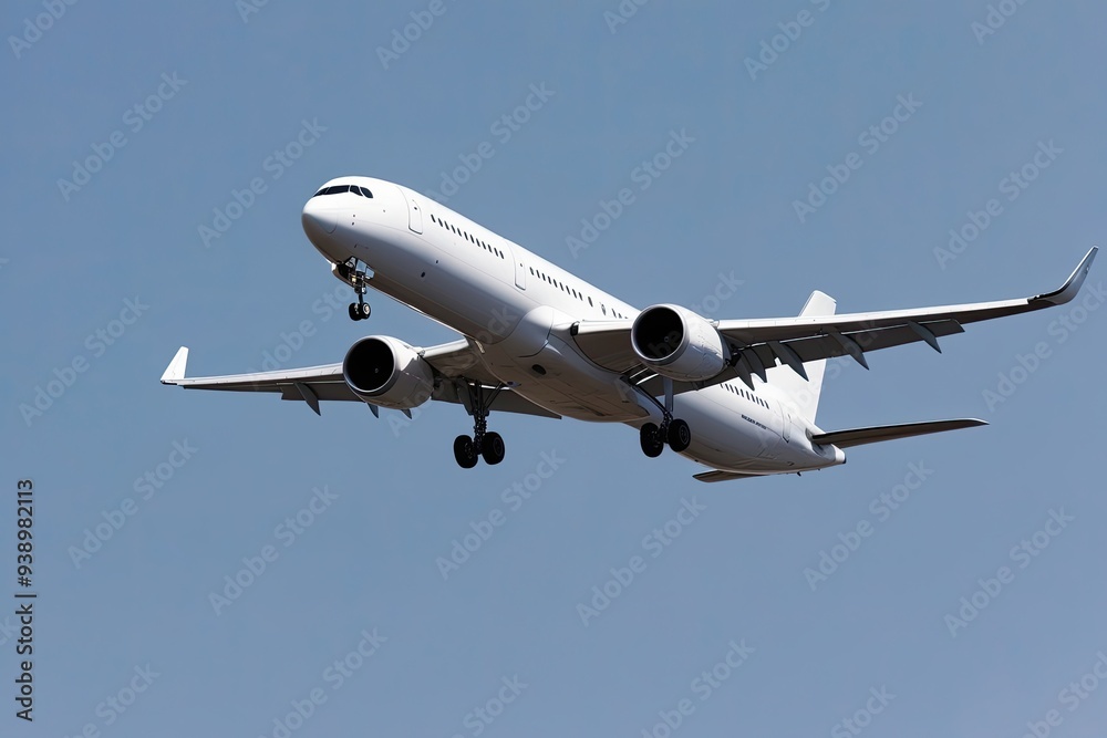 Contemporary White Passenger Aircraft Climbing Rapidly Against a Clear Sky Contemporary White Passenger Aircraft Climbing Rapidly Against a Clear Sky