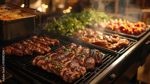 Catering buffet food indoor in restaurant with grilled meat.