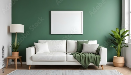 Interior mockup In a white room a blue sofa is placed next to a photo frame on the wall