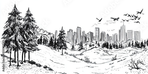 Winter Landscape with City Skyline and Pine Trees