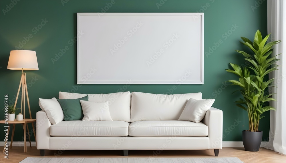 Interior mockup In a white room a blue sofa is placed next to a photo frame on the wall Interior mockup In a white room a blue sofa is placed next to a photo frame on the wall