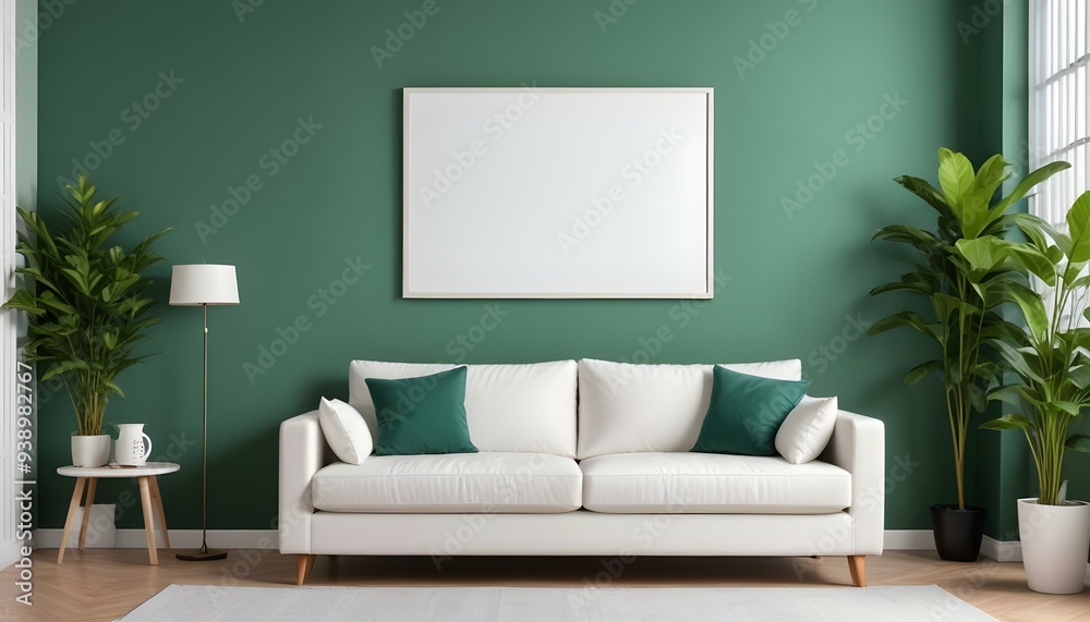 Interior mockup In a white room a blue sofa is placed next to a photo frame on the wall