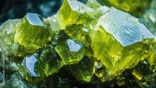 Garnierite gemstone in extreme detail, featuring intense yellow-green colors with crystalline structures. photo