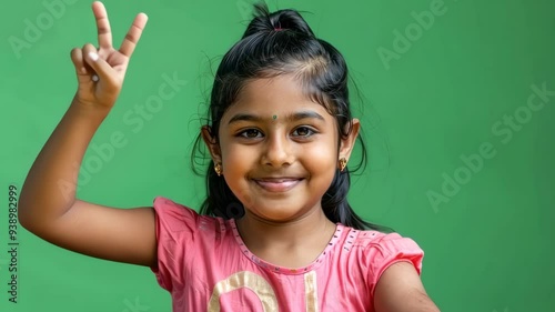 Young happy Indian girl sitting at a table and showing the ok sign with her hand isolated on a green background. photo