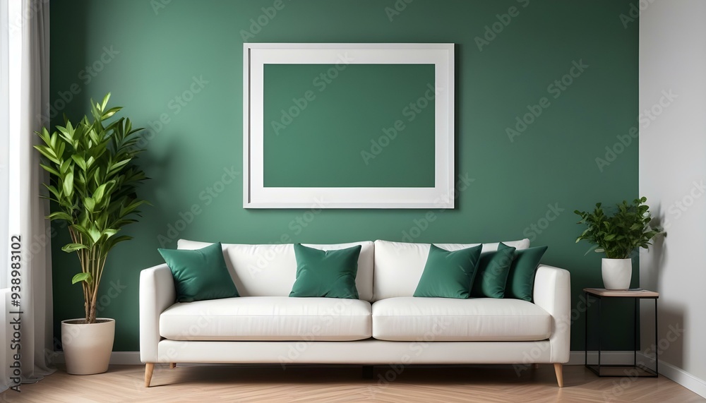 Interior mockup In a white room a blue sofa is placed next to a photo frame on the wall Interior mockup In a white room a blue sofa is placed next to a photo frame on the wall