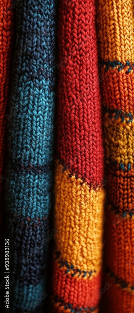 A row of knit sweaters with different colors and patterns A row of knit sweaters with different colors and patterns