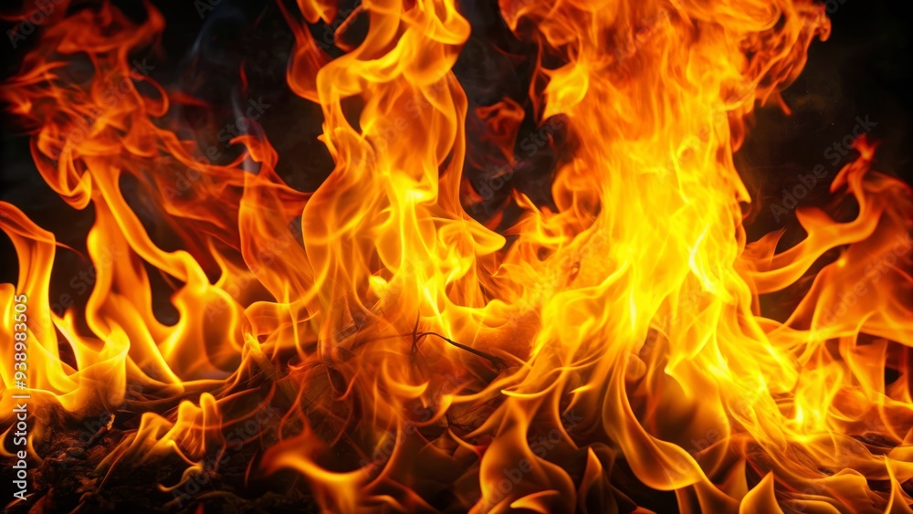 Vibrant flames engulf a dark background, dancing tongues of orange and yellow fire illuminating the surrounding air with intense heat and light. Vibrant flames engulf a dark background, dancing tongues of orange and yellow fire illuminating the surrounding air with intense heat and light.