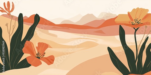 Desert Landscape with Vibrant Flowers and Warm Tones photo