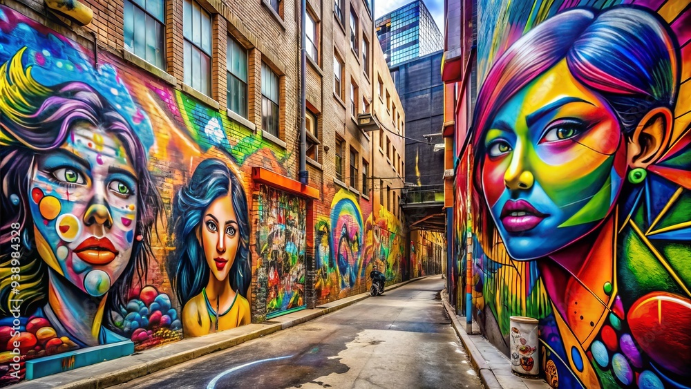 Fototapeta premium Vibrant graffiti mural created by multi-ethnic teenagers in an urban alleyway, showcasing their creativity, self-expression, and rebellion through bold colors and abstract designs.