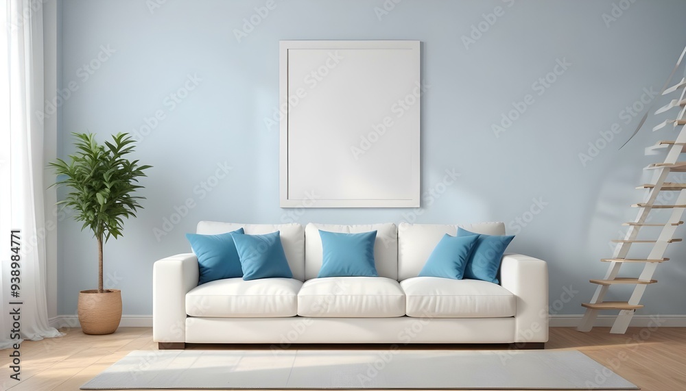 Interior mockup In a white room a blue sofa is placed next to a photo frame on the wall Interior mockup In a white room a blue sofa is placed next to a photo frame on the wall